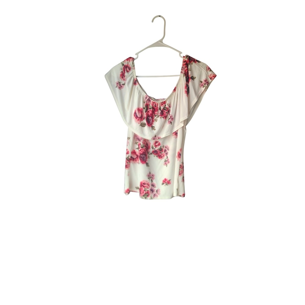 Sweet Wanderer Floral Off the Shoulder Ruffle Blouse Pink Rose White Large‎